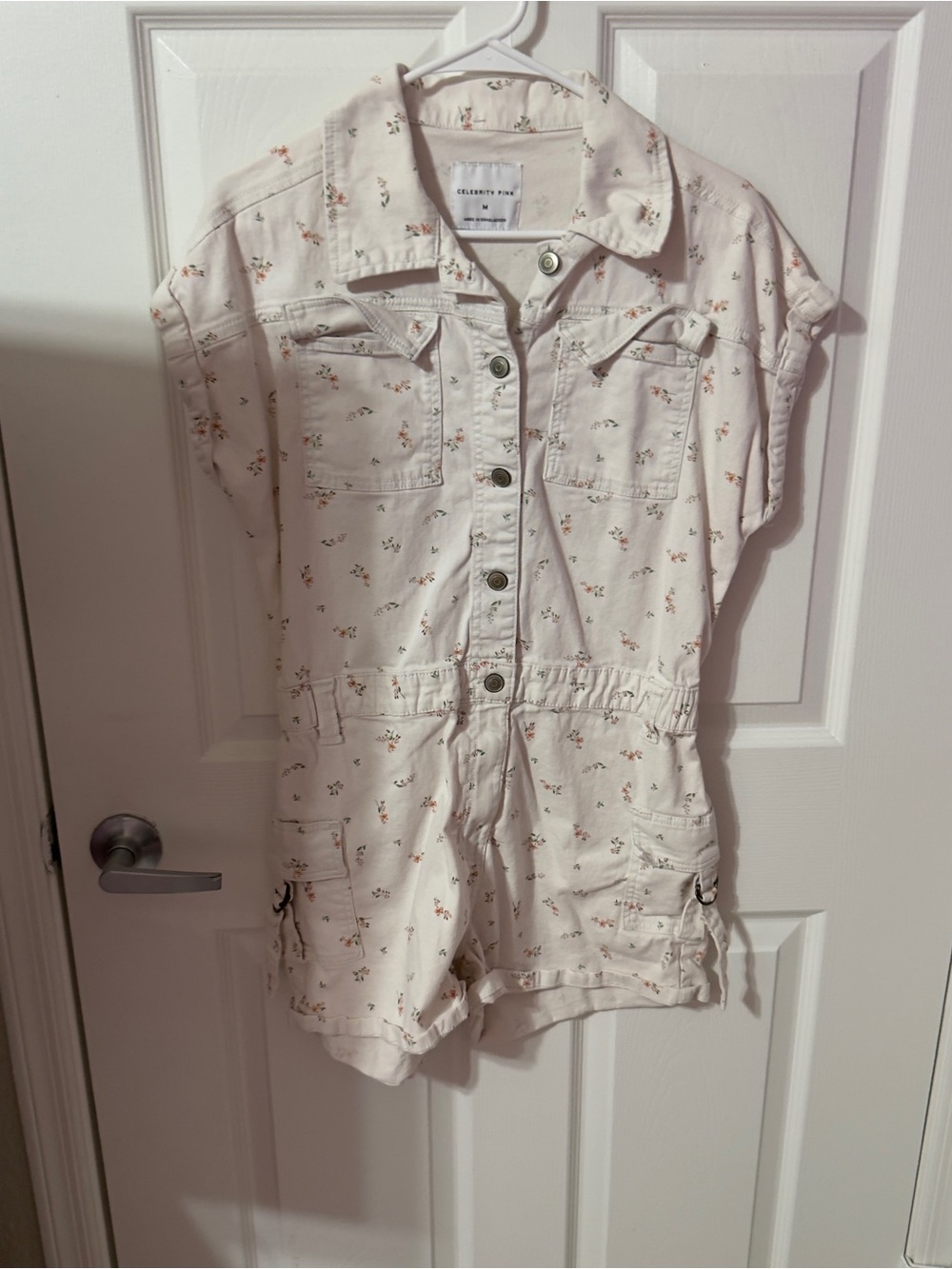 Celebrity Pink Cream Romper with Tiny Floral Print